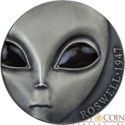 Republic of Cameroon ALIEN 70TH ANNIVERSARY OF ROSWELL INCIDENT series UFO Silver coin 3000 Francs 2017 Antique finish Ultra High Relief GLOW IN THE DARK EYES 3 oz